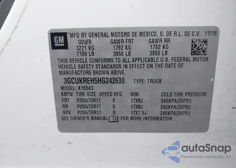 2017 Chevrolet Silverado 1500 1Lt z USA, uszkodzony, nr VIN 3GCUKREH5HG242630